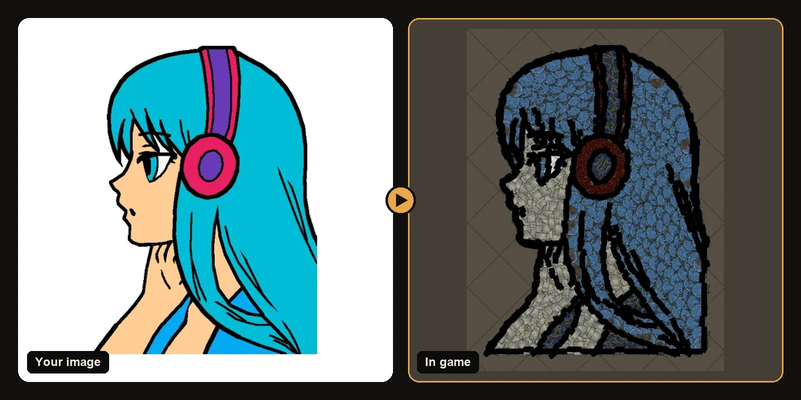 An anime girl image next to the same portrait built from decorations