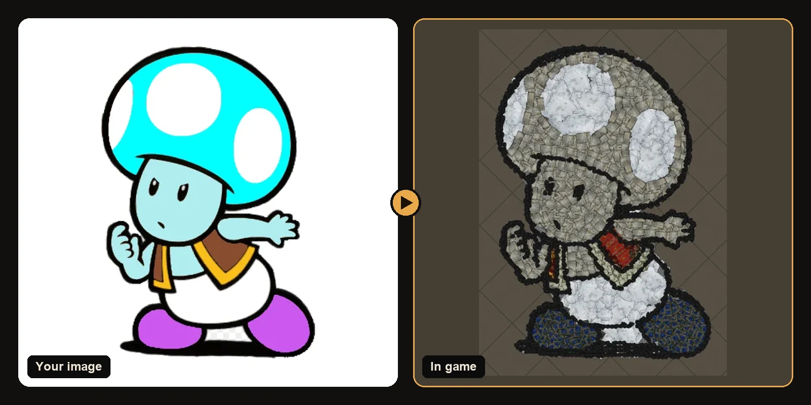 Toad image next to Toad built from real decorations