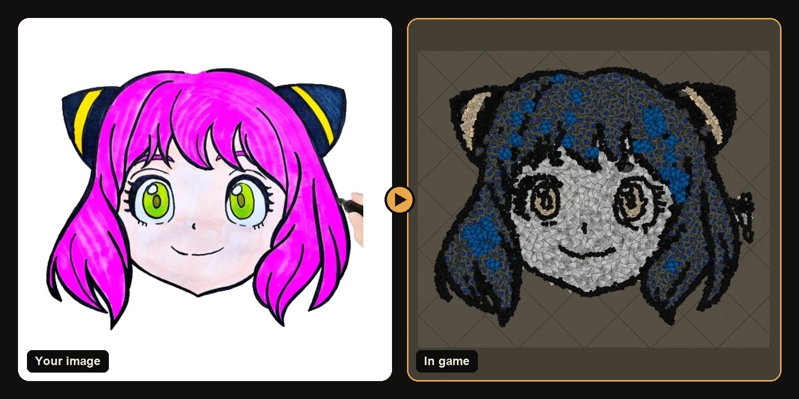 A pink-haired anime girl next to her decoration build
